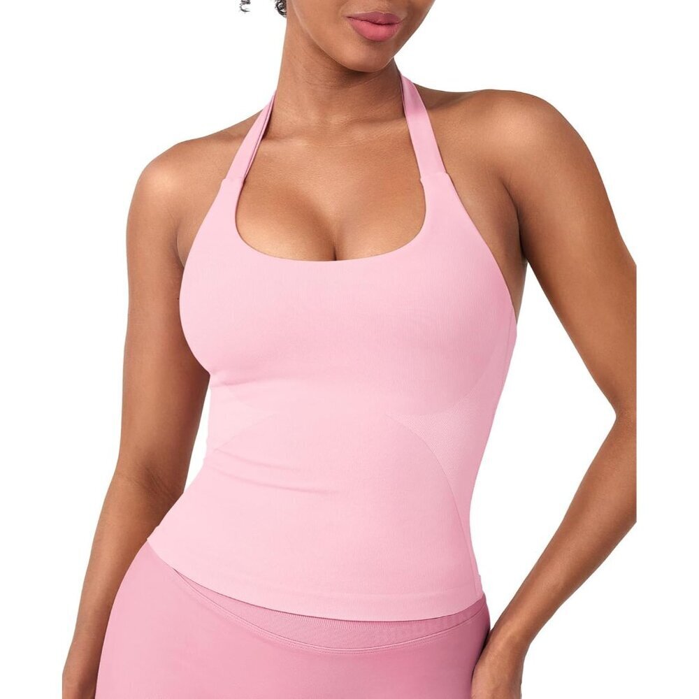 Halter Impact Tank Top Womens Workout Crop Top Built-in Bra Open Back Pink
